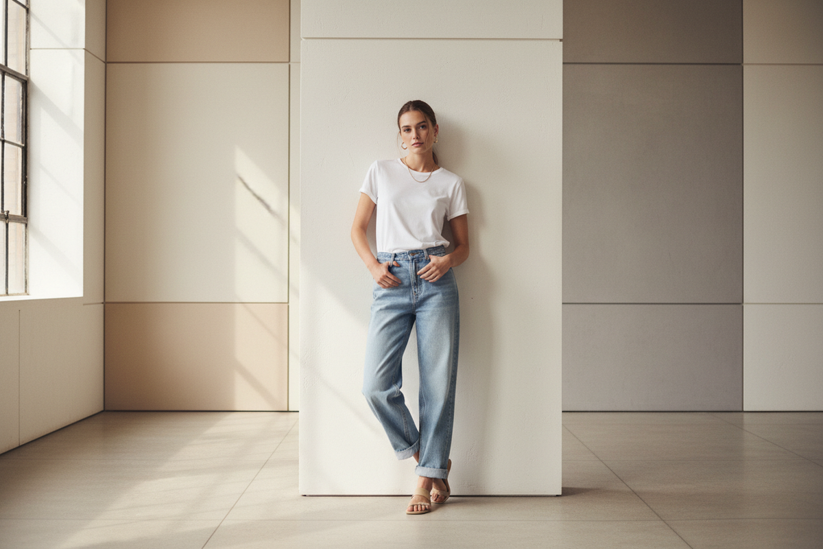 Crea una imagen de una modelo en una pose relajada pero elegante, en un ambiente clean look, donde predominen los colores neutrales, ella debe vestir un jean relajado y una polera basica color blanca ajustada al cuerpo. 